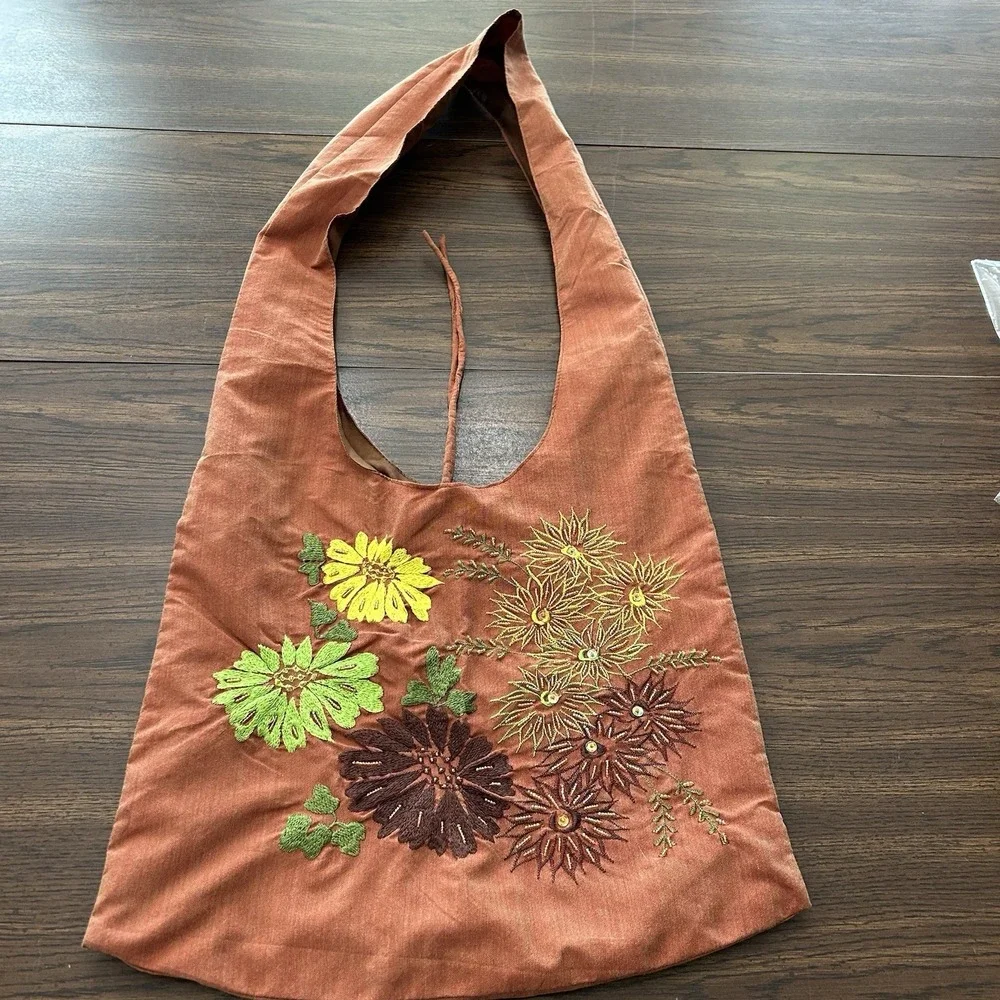 Handmade Beaded Boho Embroidered Hobo Bag‎ Terracotta Tote Floral 70's Vibe